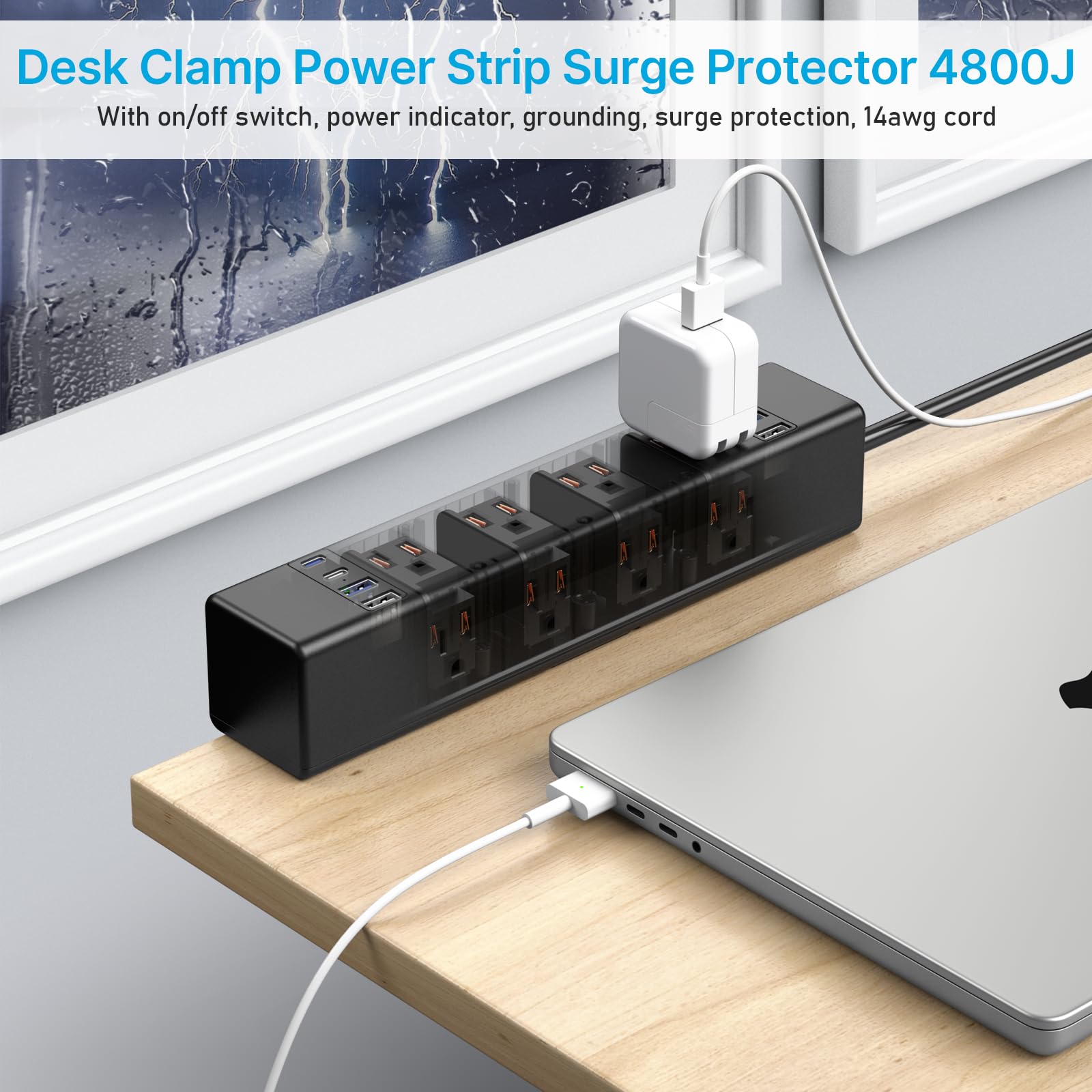 CCCEI 20W Per Side USB-C Desktop Outlet Station, Clamp Power Strip Surge Protector 4800J, Home Office Standing Desk Organizers and Accessories, 10FT 14AWG 15A Extension Cord, Switch, ETL Listing.