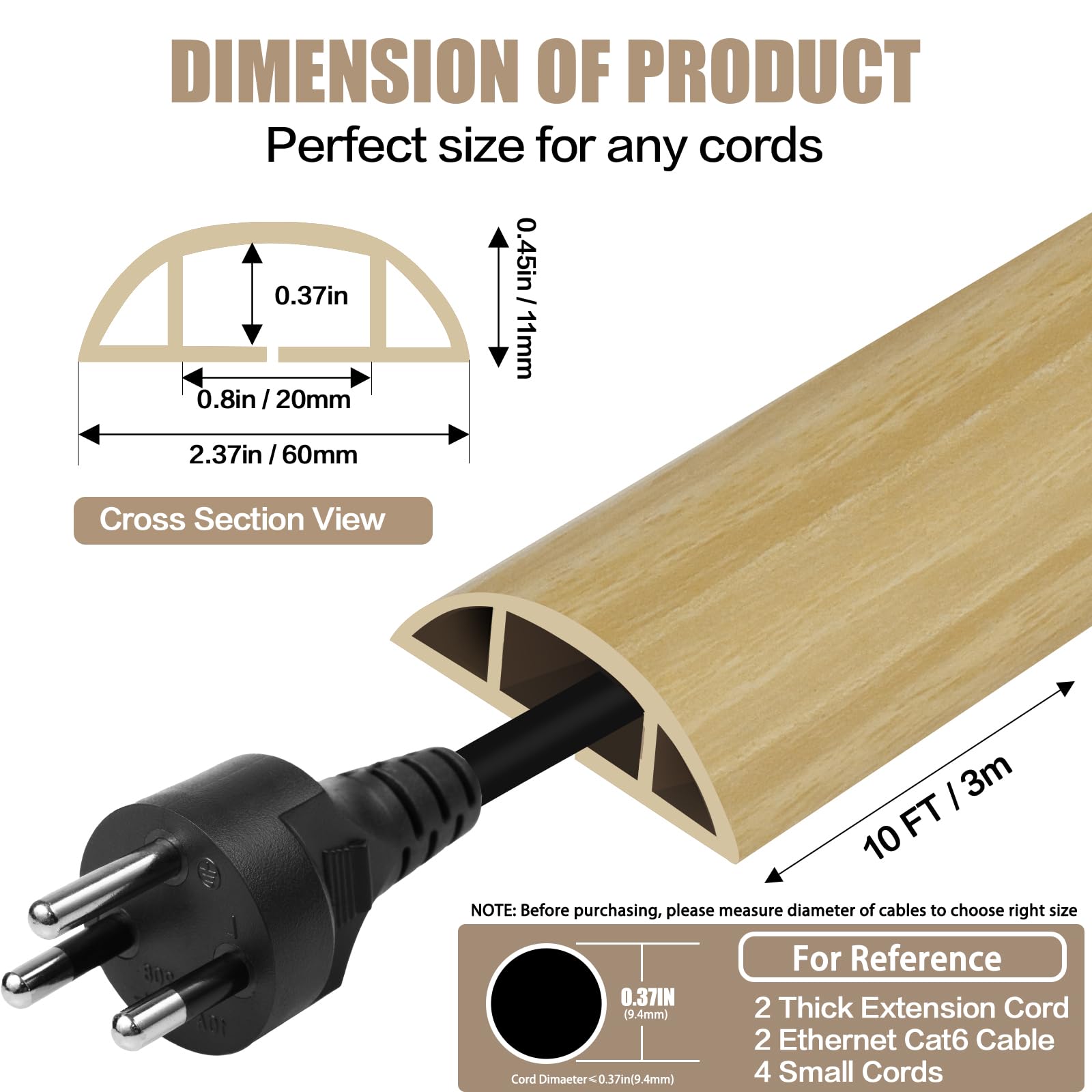 Floor Cord Cover Cavity 0.8"x0.37" Self Adhesive Cord Hider, 10FT Low Profile Cable Management, Extension Strip Protector for Wires, Prevent Cable Trips for Offices, Gyms,(Wood Light Yellow)
