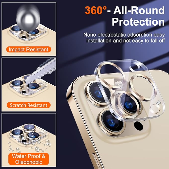 UniqueMe [ 3 Pack] Compatible with iPhone 12 Pro Max 6.7" Camera Lens Protector Tempered Glass,[Case Friendly][New version][Scratch-Resistant][Easy Installation] -Golden