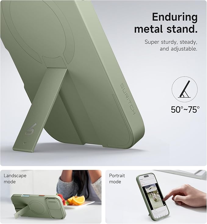SURITCH for iPhone 16 Plus Case with Magnetic Camera Slide Cover and Adjustable Kickstand, Compatible with MagSafe, Shockproof Bumper Case Slim Protective Cover for iPhone 16 Plus 6.7 Inch, Green