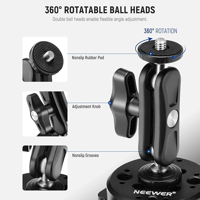 NEEWER 6" Suction Cup Camera Mount with Ball Head Magic Arm, 2 Pack Metal Car Mount for Camera/Action Camera/Phone, Air Pump Vacuum on Car or Window Glass with 1/4" 3/8" ARRI Mounting Holes, CA013