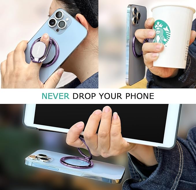Magnetic Phone Ring Holder, Double Adjustable Phone Grip and Stand Compatible with MagSafe Ring Holder, Compatible with PopSockets MagSafe Ring Removable for iPhone & Android Phone, Purple