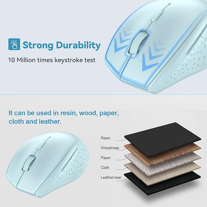 TECKNET Bluetooth Mouse, 4800 DPI Wireless Mouse, 2-Year Battery 6 Adjustable DPI, 6 Buttons Compatible with Laptop/Windows/Computer - Lightblue