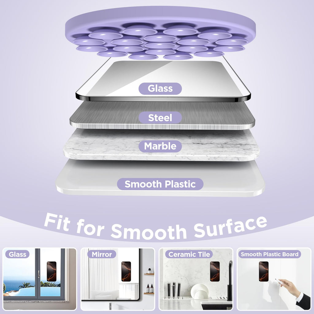 HSAOHD Magnetic Suction Cup Phone Mount with MagSafe, Silicone Hands-Free Grip Holder for iPhone Case and Android, Mirror Shower Phone Stand for Makeup FaceTime Gym Kitchen Bathroom, Lilac Purple