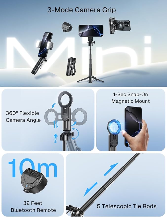 MAGIC JOHN Phone Tripod with 2 Selfie Light, Portable Pocket Size Selfie Stick for iPhone Magsafe, Selfie Stick with Wireless Detachable Remote Control for Photograph, Live Streaming, Video Recording