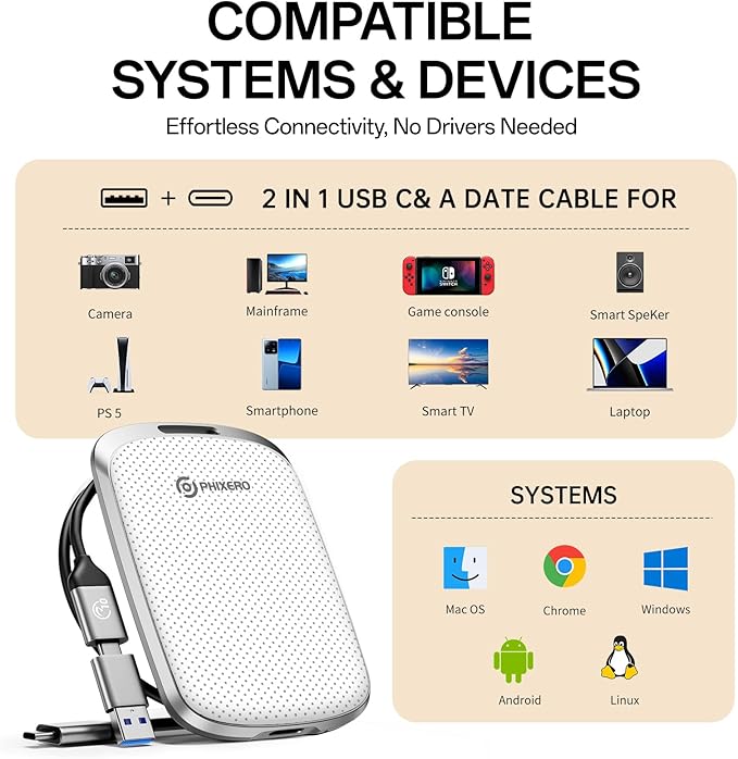 PHIXERO P5PLUS Portable SSD 256GB Up to 550MB/s, USB 3.2 Gen 2 External Solid State Drive，USB C to C&A for Smartphone，Tablet，PC，Labtop (White)