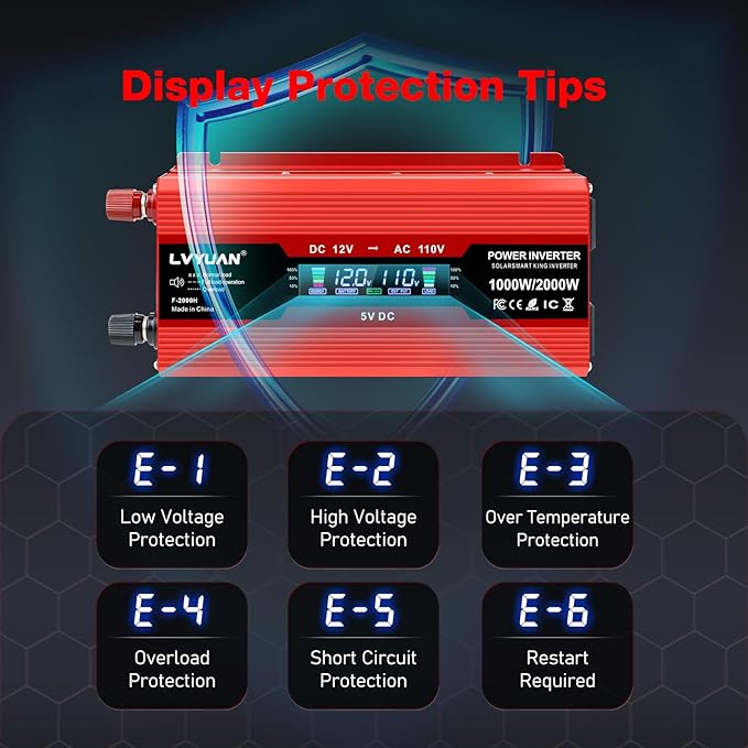 LVYUAN 1000W Car Power Inverter 12V to 110V / 120V DC to AC with 2 US Sockets, Cigarette Lighter, LCD Display, USB Ports for Car, Home, Outdoor, Camping