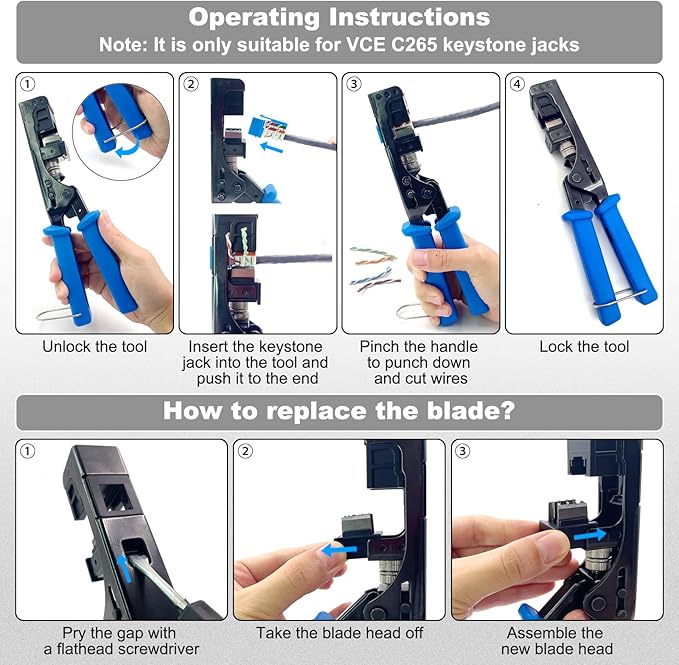 VCELINK Speed Termination Keystone Tool for VCE 90-Degree Keystone Jacks Punch Down Network Tool Kit with 20-Pack CAT6 Keystone Jacks UL-Listed White, 25-Pack RJ45 Connectors and One Mini Wire Strippe