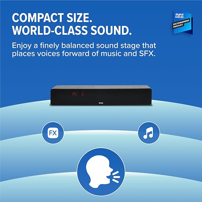 ZVOX Dialogue Clarifying Sound Bar - Patented Hearing Technology, AccuVoice TV Sound Bar with 12 Levels of Voice Boost, 17" Home Theater TV Speakers, Ideal for Smart TVs - AV157 Espresso