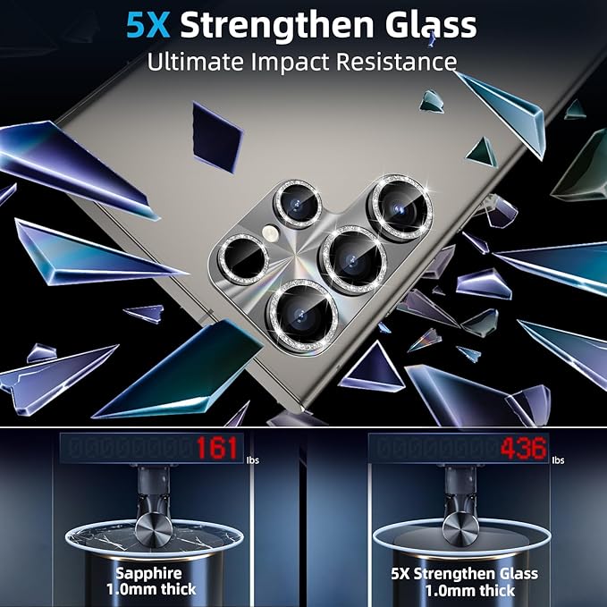 YWXTW Camera Lens Protector for Samsung Galaxy S24 Ultra, [Lithography Laser Gradient] [5X Strengthen] Bling Glitter Tempered Glass Screen Protector Metal Ring Camera Lens Cover (Titanium Gray)