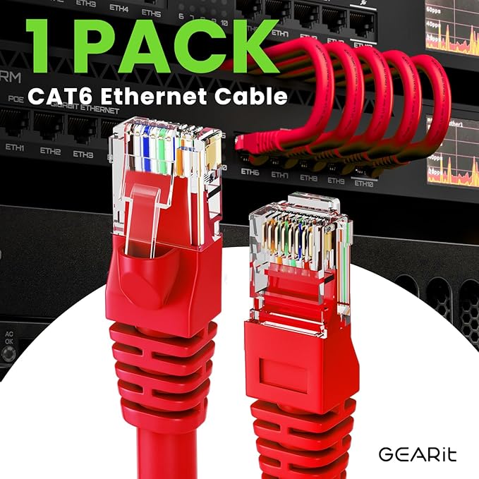 GEARit Cat 6 Ethernet Cable (1-Pack 25 Feet) Cat6 Network Patch, 10Gbps, RJ45, Snagless Cord, Gold-Plated Connectors, Internet for PC, TV, Tablet, Router, Printer, Servers, IT Data Center - Red