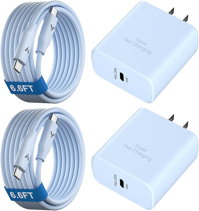45W Super Fast Charger USB C, 45 Watt Type-C Android Phone Charger Fast Charging Block with 6.6FT Type C Cords for Samsung Galaxy S25 Ultra/S24 Ultra/S24+/S23 Ultra/S22 Plus/S20, Tab S9/S8 Ultra(Blue)
