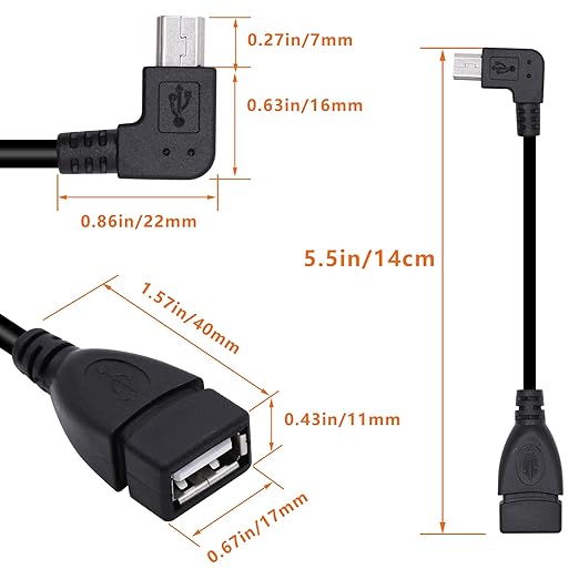 90 Degree Mini USB to USB A OTG Adapter Cable 5.5in Right Angle Mini USB 5-Pin Type B Male to USB Type A Female Adapter Cord for Digital Cameras,Black,14cm(2 Pack,Right)