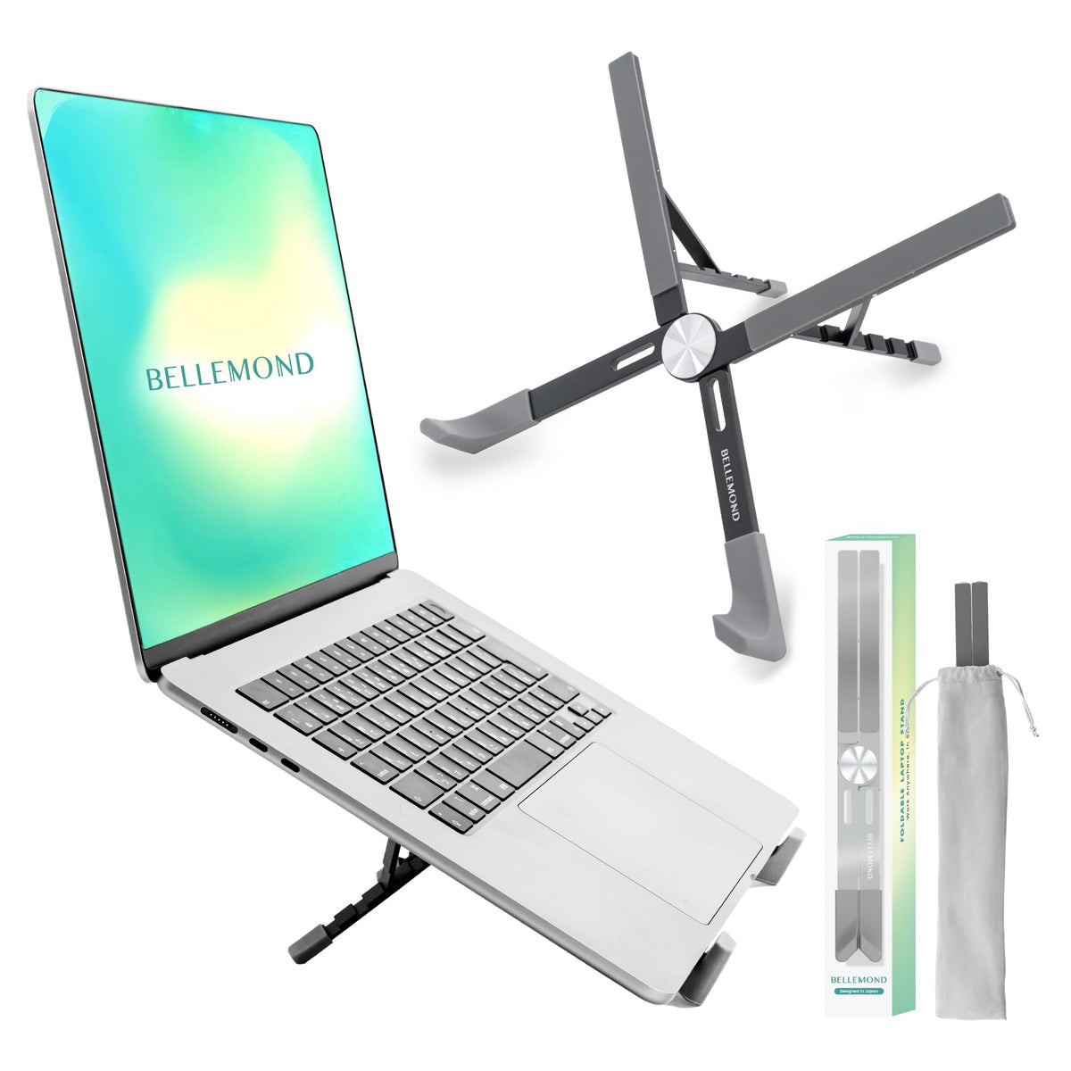 BELLEMOND Adjustable Laptop Stand | Foldable Aluminum Riser | X-Frame Ergonomic Japanese Design | Fits MacBook Pro/Air, Dell, Lenovo & 10–17.3” Laptops | Portable & Lightweight | Midnight Black