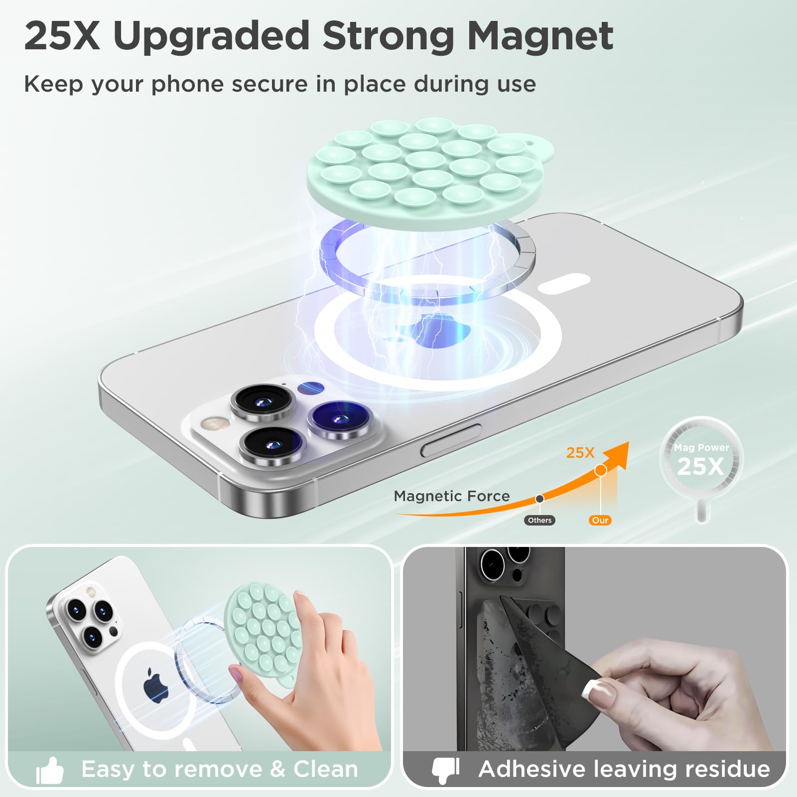 HSAOHD Magnetic Suction Cup Phone Mount, Compatible with MagSafe, Silicone Octo Cup Buddy Sticky Grip Holder for iPhone and Android, Removable Hands-Free Selfie/Video for TikTok, Mint Green