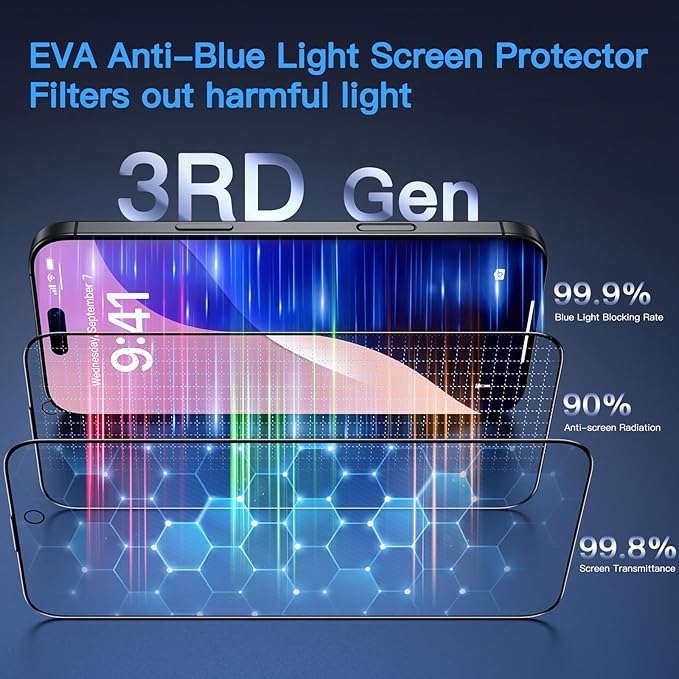 Uyiton Compatible with iPhone 16 Screen Protector (Anti-Blue Light) - [Easy to Install] Shatterproof Full Coverage [Case Friendly] 9H Tempered Glass Screen Protector for iPhone 16, 2 Pack