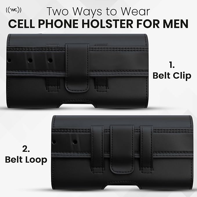 Leather Phone Holster for Men & Women, Horizontal Cell Phone Case with ID/Card Holder, Fits iPhone 13/12 Mini, SE, Xs/X, 8, 6s - Belt Clip/Loop Carrying Phone Pouch – Small Size