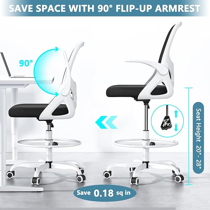 Tall Drafting Chair with Footrest Ring for Home and Work, Ergonomic Home Desk Office Chair with Flip up Arms and Lumbar Support, Extended Height Executive Desk Office Chair(White)