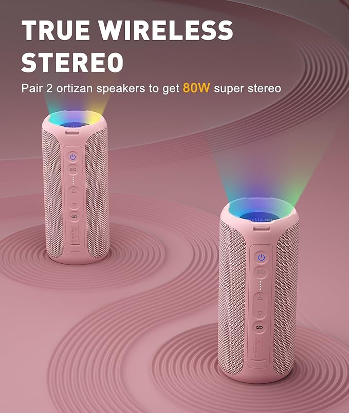 Ortizan Bluetooth Speakers, Portable Wireless Stereo Speaker - IPX7 Waterproof, 30W RMS(40W Peak) Loud Sound, Deep Bass, LED Light, Bluetooth 5.3, for Home/Shower/Outdoor/Beach, Gifts for Adult, Pink