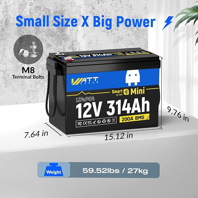 12V 314Ah Lithium LiFePO4 Battery Mini with Bluetooth 5.0 BMS 200A, 4.01kWh Energy, Upgraded Aluminum Cooling Fins & Braided Copper Wires, upporting devices over 2000W (3 PCAK)