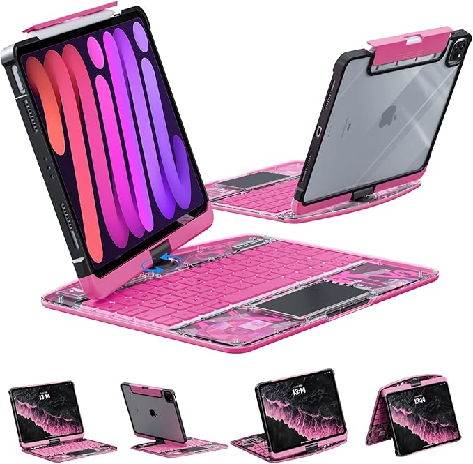 KARTICE Transparent 360 for iPad Keyboard case with Wireless Keyboard for iPad 7/8/9th 10.2 inch, Multi-Touch Trackpad, 7 Color Backlight, 360° Rotating Stand with Pencil Holder