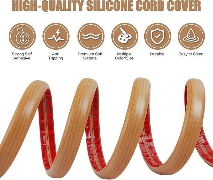 Floor Cord Cover Self Adhesive Cord Hider,10FT Cable Management, Extension Strip Protector for Wires, Prevent Cable Trips for Offices, Gyms, Exhibitions Cavity:0.51"(W) x 0.3"(H) Brown Wood