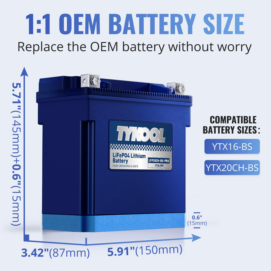 TYKOOL LFP20CH-BS-PRO LiFePO4 Lithium Battery, Replaces YTX20CH-BS YTX20CH, 420CCA 7Ah fits for BMW K1600GT GTL R1250RT R1200RT (2014-2023) Suzuki KingQuad 750 (2008-2024), [- +]