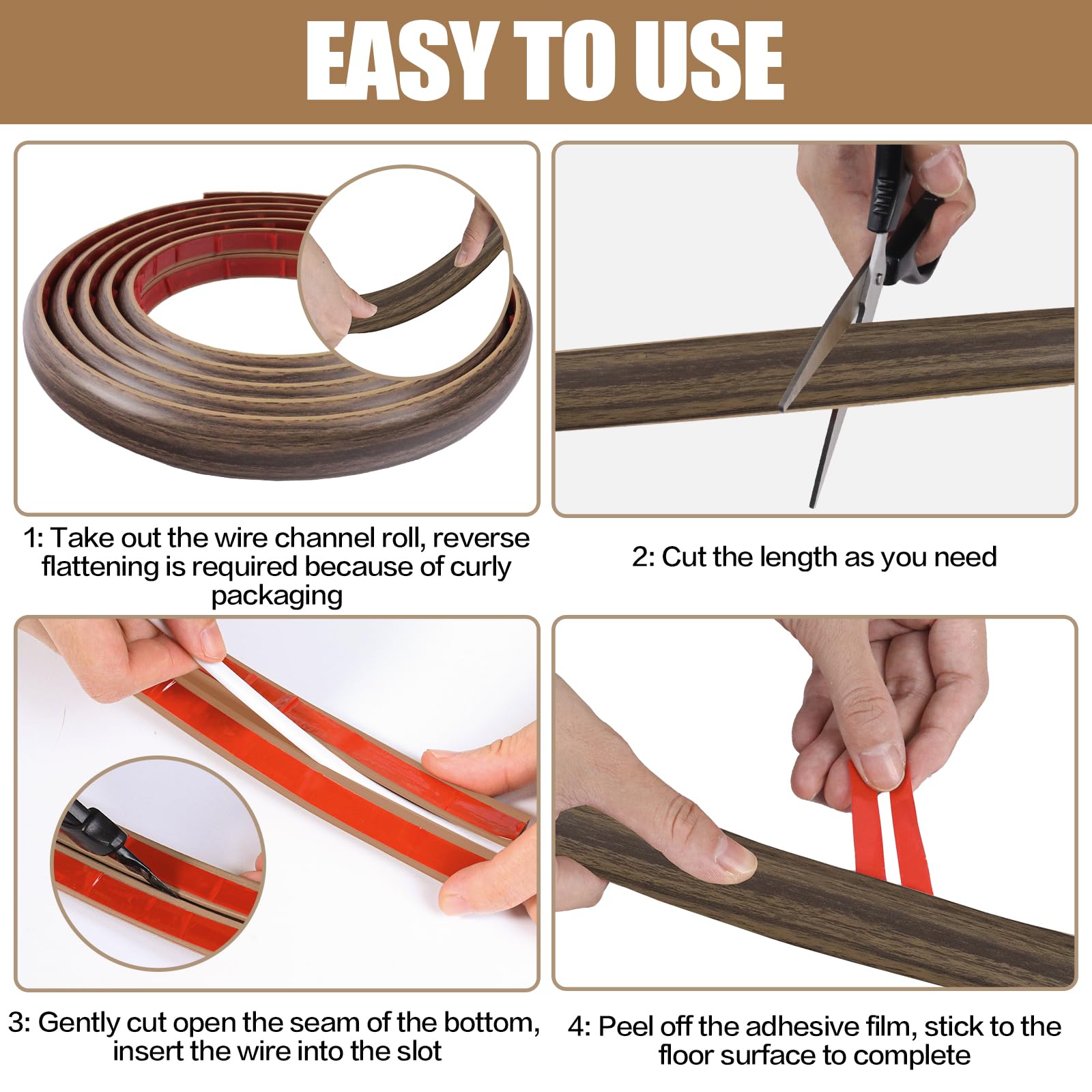 Floor Cord Cover Self Adhesive Cord Hider,3.3FT Cable Management, Extension Strip Protector for Wires, Prevent Cable Trips for Offices, Gyms, Exhibitions Cavity:0.3"(W) x 0.28"(H) Wood Walnut