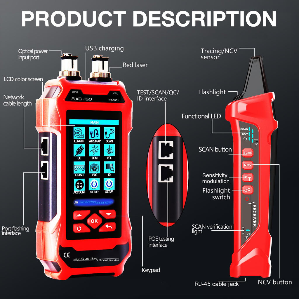 FIXCHIGO 10 in 1 Network Cable Tester with 7 Wavelengths OPM 10Km/10mW VFL 600M Measurable Length 100 Records Tool Kit for CAT5 CAT6 Telephone Ethernet RJ11 RJ45 PoE Wire Tracer NCV, Red
