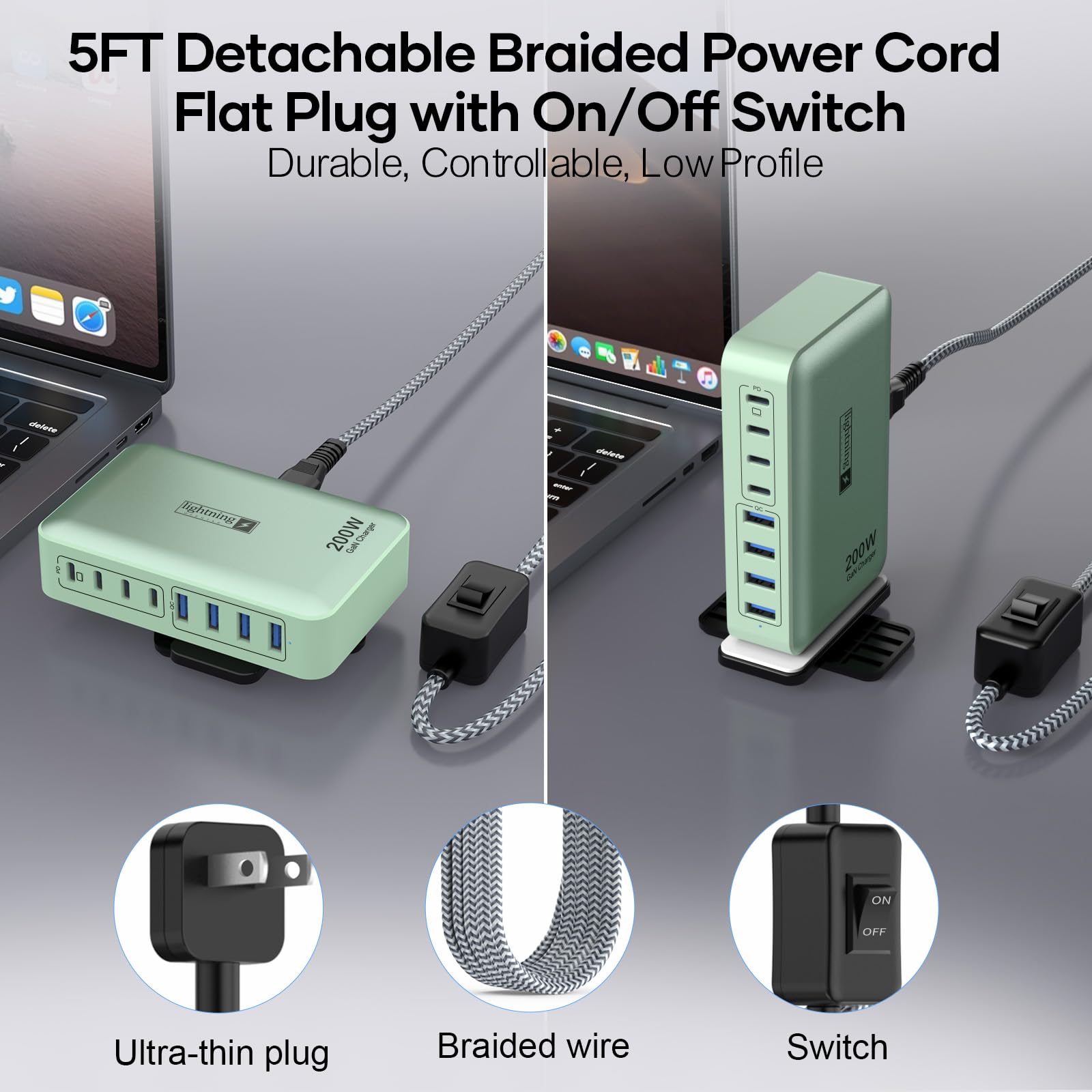 8-Port Multiple Charger Station 200W with Flat Plug, Braided Power Cord, and On/Off Switch- USB Charging Hub for iPhone, iPad, MacBook and More- 65W C Port Power Adapter for Laptops