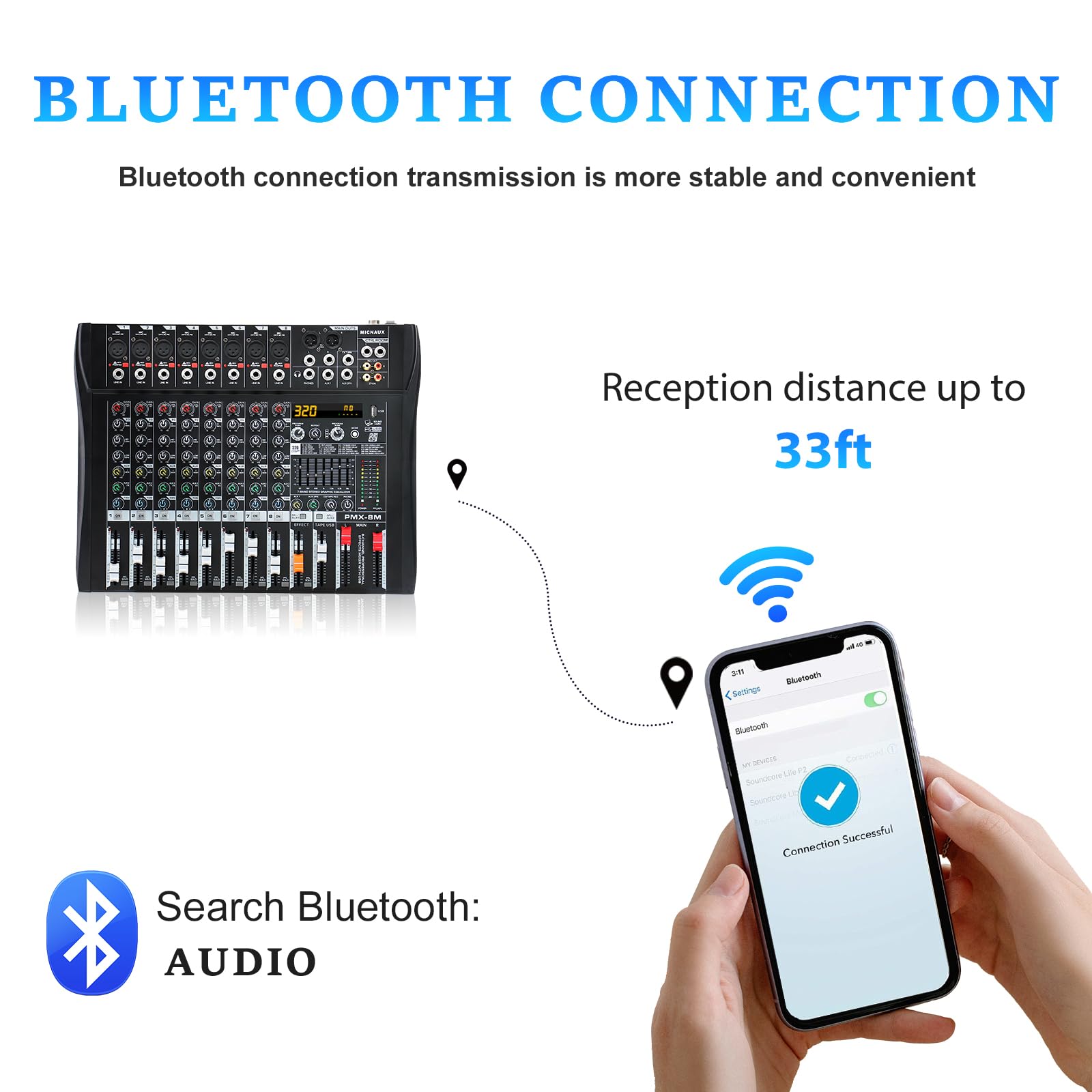 MICNAUX Audio Mixer 8 Channel Professional Mixer Console with 320 DSP Effects, 7-band EQ Sound Mixing Board Digital DJ Mixer w/USB Bluetooth MP3 for Recording, Independent 48V Power & Mute Button