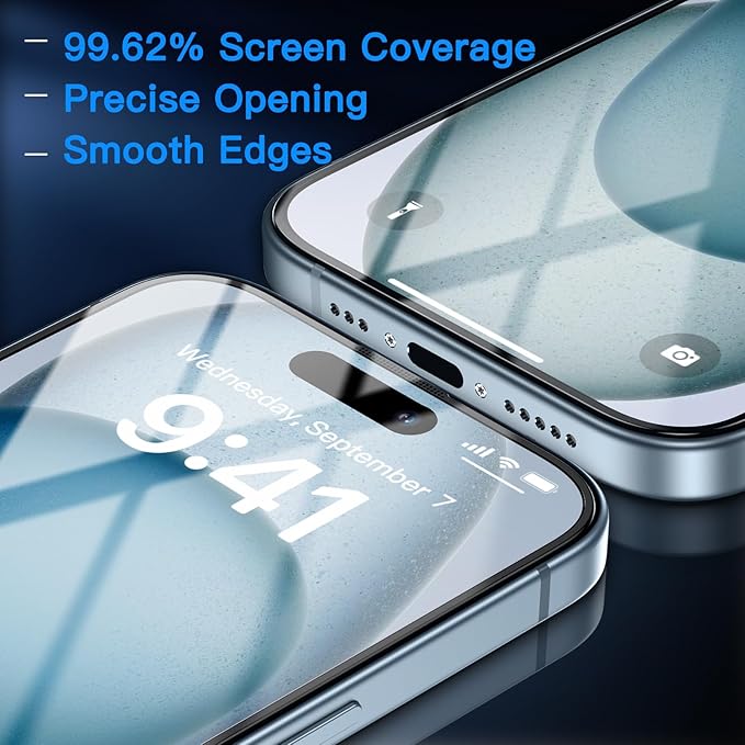 Uyiton Anti-Blue Light for iPhone 15 Screen Protector - Unbreak-Glass Full Coverage Case Friendly Scratch Resistance 9H Tempered Glass Screen Protector for iPhone 15, 2 Pack