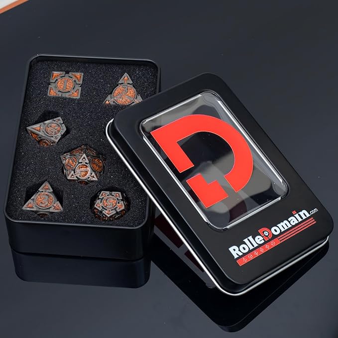 Orange Black Nickel Finish Heavy Metal DND Dice Set (Bard) with A Metal Box, Sharp Edge Zinc Alloy D&D Accessories, D4-D20, Designed for Dungeons & Dragons Master, RPG Player, Starter