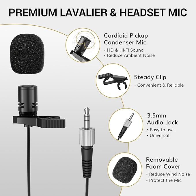 TONOR Wireless Microphones System with 8x12 Channels Headset/Lavalier Lapel Mics, Bodypack Transmitter, Receiver, 295ft UHF Range for Church Conference Performance Singing Karaoke PA Speaker Mixer