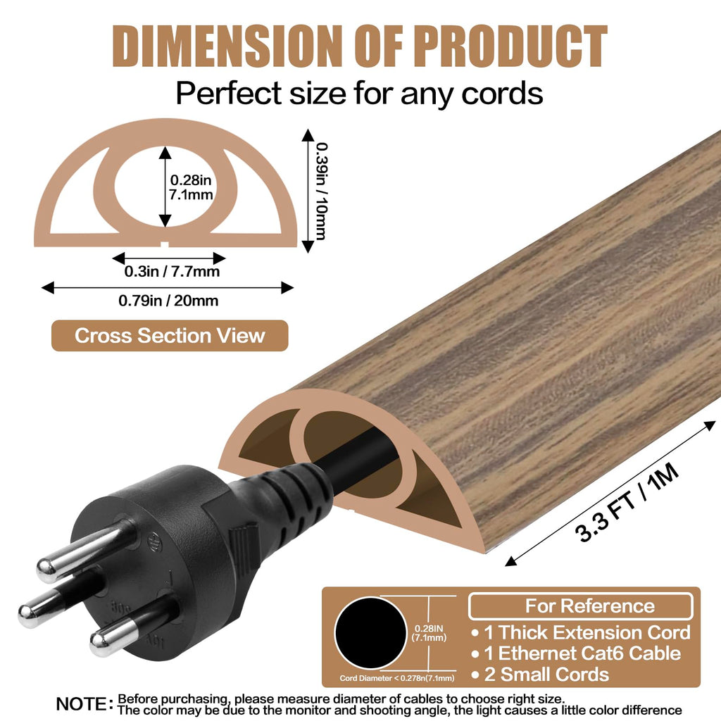 Floor Cord Cover Self Adhesive Cord Hider,3.3FT Cable Management, Extension Strip Protector for Wires, Prevent Cable Trips for Offices, Gyms, Exhibitions Cavity:0.3"(W) x0.28(H) Woodsmokedbrown