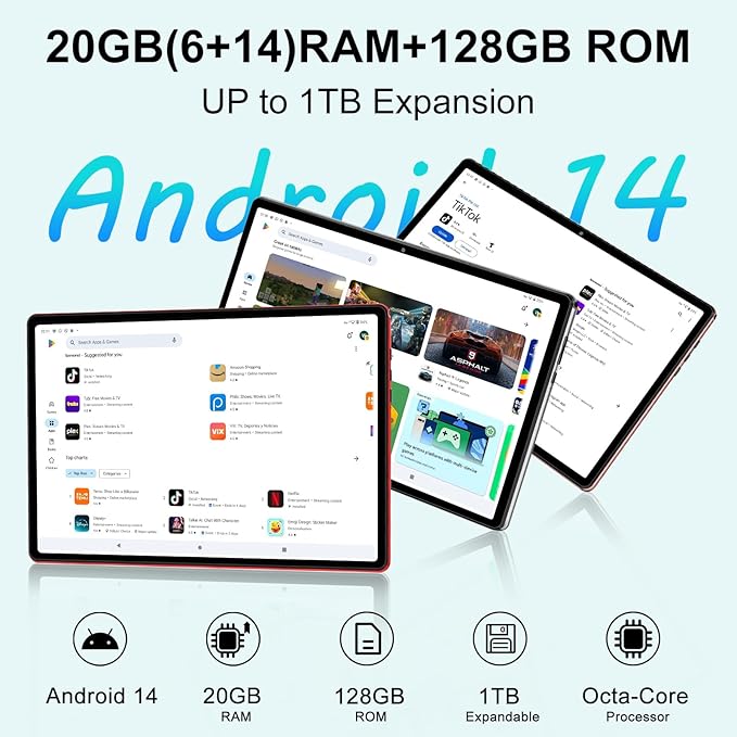 Android 14 Tablet 10 Inch Tablets, 20GB+128GB/1TB Expandable, Tablets with Octa-Core, WiFi 6, Dual Camera, BT 5.0, 6000mAh Battery, HD IPS Display, Widevine L1, Tablet with Keyboard Mouse - Red