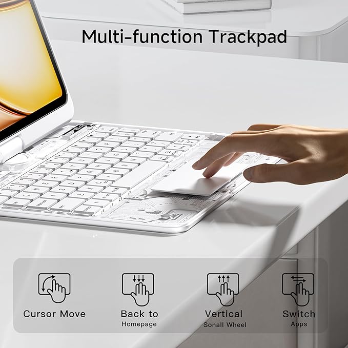 iPad Keyboard Case for 2024 M4 iPad Pro 11 inch, Magic Wireless Keyboard with Trackpad 7 Color Backlit, 360° Rotating Stand Transparent Protective Cover with Pencil Holder (White)