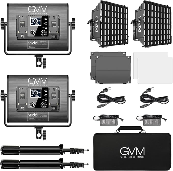 GVM 1000D RGB Led Video Light with 2 Softboxes, Photography Lighting Kit with Bluetooth Control, Full Color Video Lighting Kit with 18 Applicable Scenes, 2 Packs Led Light Panel for Video Shooting