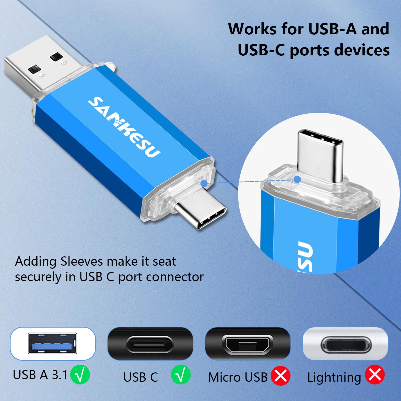 SANKESU 512GB USB C Flash Drive 2 in 1 OTG USB 3.0,USB-A & Type-C Thumb Stick, Dual Memory Sticks Compatible with PC Laptop Type C Cell Phone and Tablet (Blue)
