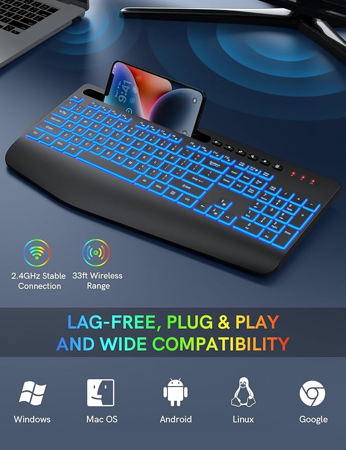 Trueque Wireless Keyboard with 7 Colored Backlits, Wrist Rest, Phone Holder, Rechargeable Ergonomic Keyboard with Silent Light Up Keys, Cordless Computer Keyboard for Windows, Mac, Laptop