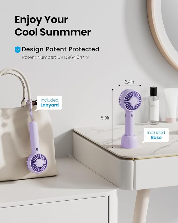 Gaiatop Mini Portable Fan, Small and Powerful, Cute Design 3 Speed Personal Handheld fan and Desktop with Base, Lightweight USB Rechargeable for Travel Lash Makeup Girl Women Summer Gift Purple