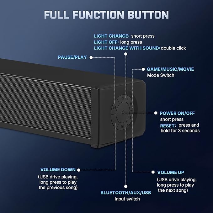 Wohome 2.1 Computer Speakers for Desktop PC, Bluetooth 5.3 PC Sound Bar with 7 RGB Light Modes, DC Powered Laptop Gaming Speakers with 3.5mm AUX-in/USB Connected for Projector, Tablet