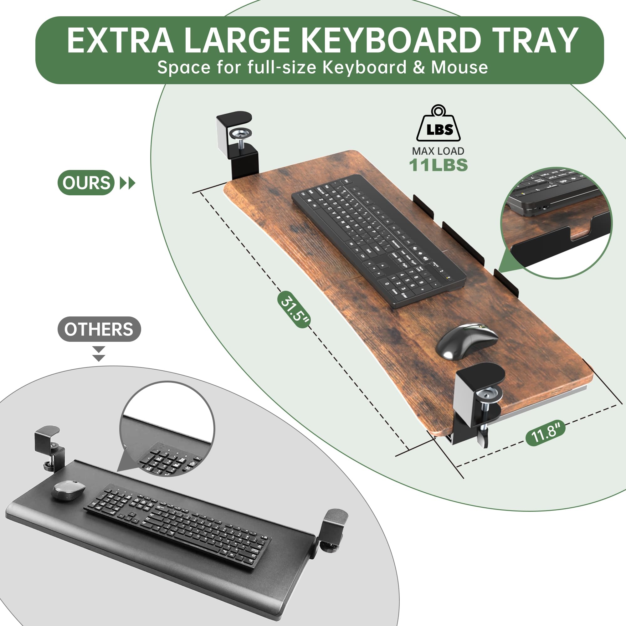 UPGRAVITY Extra Large Keyboard Tray Under Desk Rustic Vintage Brown