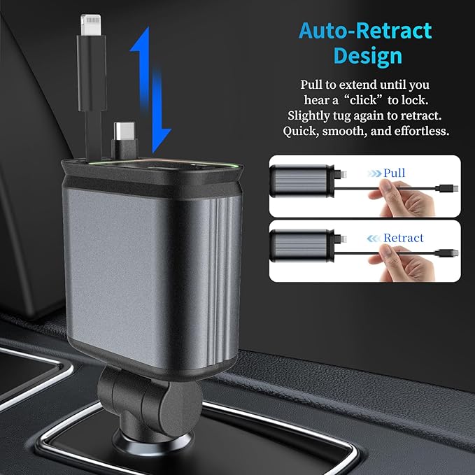 MLVOC Starlight Retractable 66W USB C Car Charger, 4-in-1 Fast Charging Adapter with Dual USB Ports, PD & QC 3.0 for iPhone, Samsung, Android (Black)