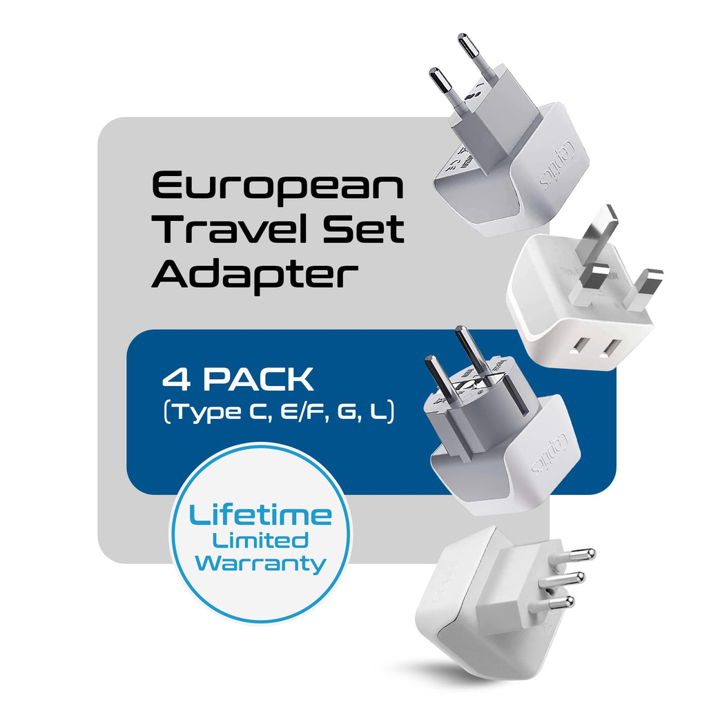 Ceptics European Plug Adapter 4 Pack Set, USA to Europe, Italy, Germany, England, Spain, Italy, Iceland, France (Type C, E/F, G, L) - for Your Cell Phones, Tablets, iPhone, Camera (CT-EU-4SET)