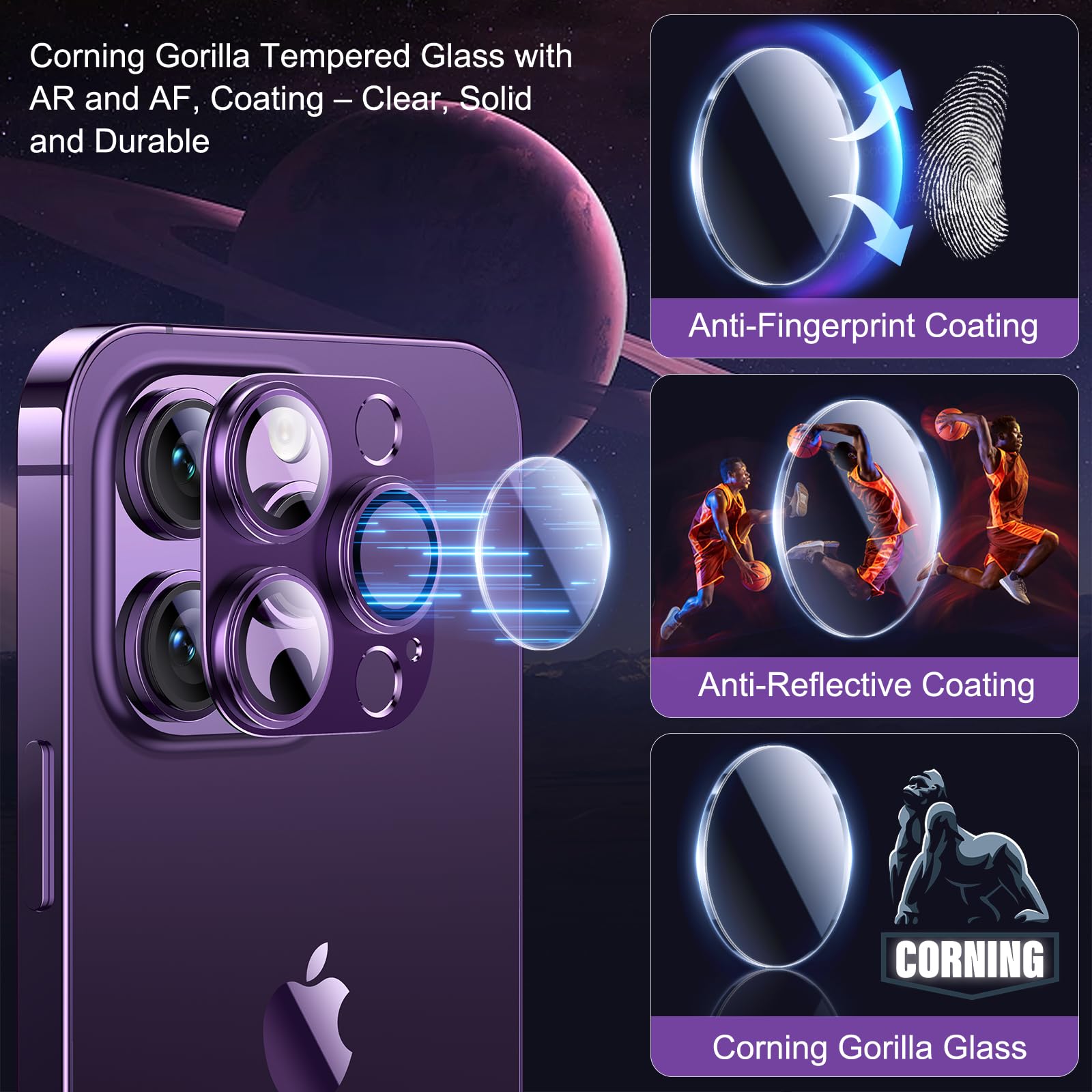 Esanik 2023 Upgrade 2 Pack for iPhone 14 Pro/iPhone 14 Pro Max Camera Lens Protector, Aluminum Alloy Metal matte Case Tempered Glass Camera Screen Cover, Scratch Resistant Case Friendly (Purple)