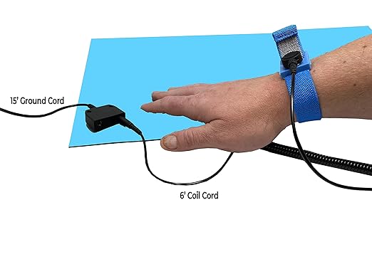 RubberStat Dual Layer ESD Compliant Workstation Rubber Table Mat Kit, Soldering, Cell Phone Repair, with Wrist Strap Set and Ground Cord - 30"x72" Blue