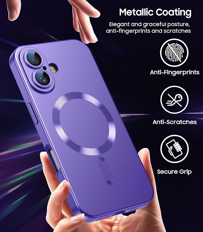 Magnetic for iPhone 16 Case [Compatible with MagSafe][Built-in Camera Lens Protector] Slim Soft Silicone Bumper Shockproof Metallic Luster Phone Case (Purple)