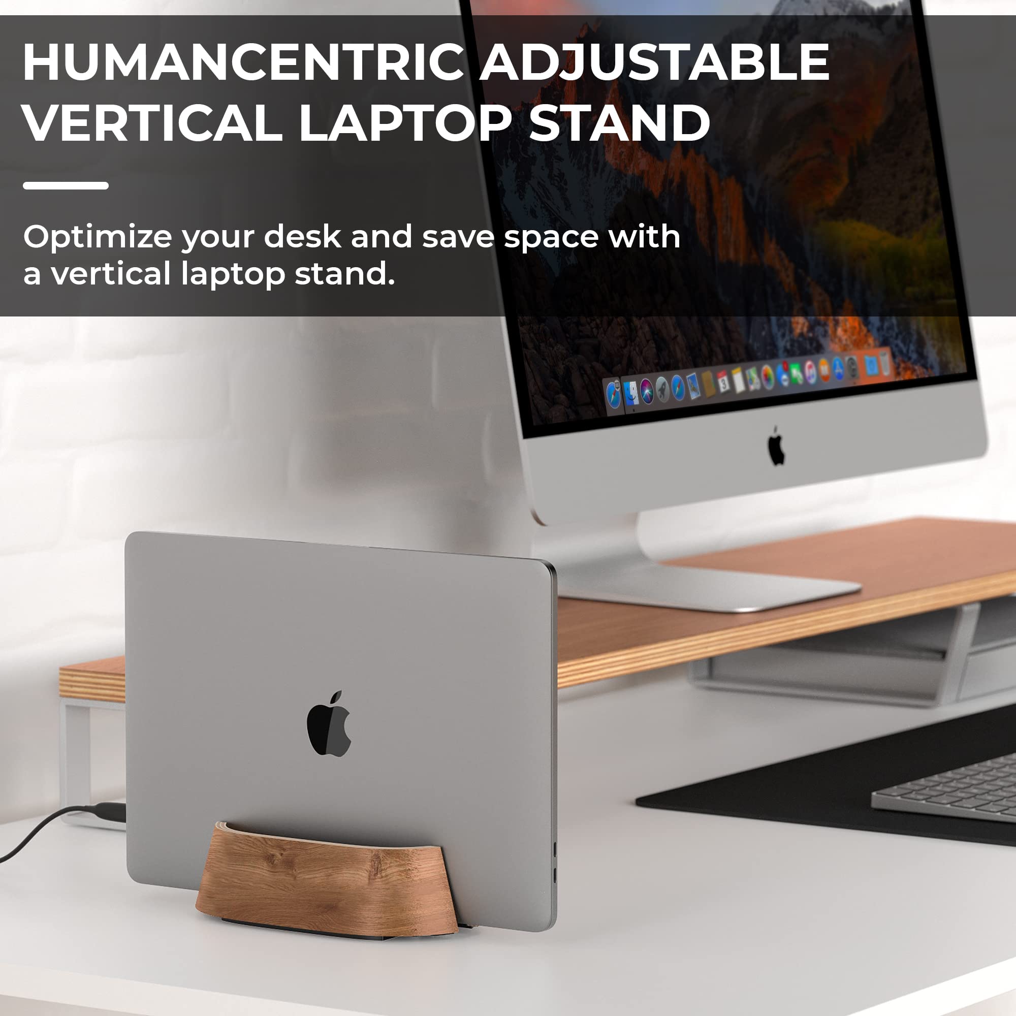 HumanCentric Vertical Laptop Stand in Black Walnut Wood, Upright Adjustable Holder and Dock, Laptop Vertical Stand Fits MacBook Pro and Other Laptops.5" to 1.5", Clamshell Compatible