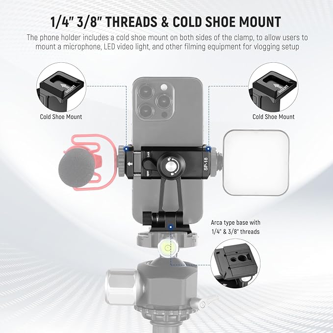 Neewer Phone Tripod Mount Adapter with Arca Type QR Base, Cold Shoe, 1/4" 3/8" Holes, 360° Swivel 180° Tilt, Phone Holder Compatible with iPhone Samsung Arca Swiss DJI RS 4 Pro 3 2 Stabilizer, SP-18
